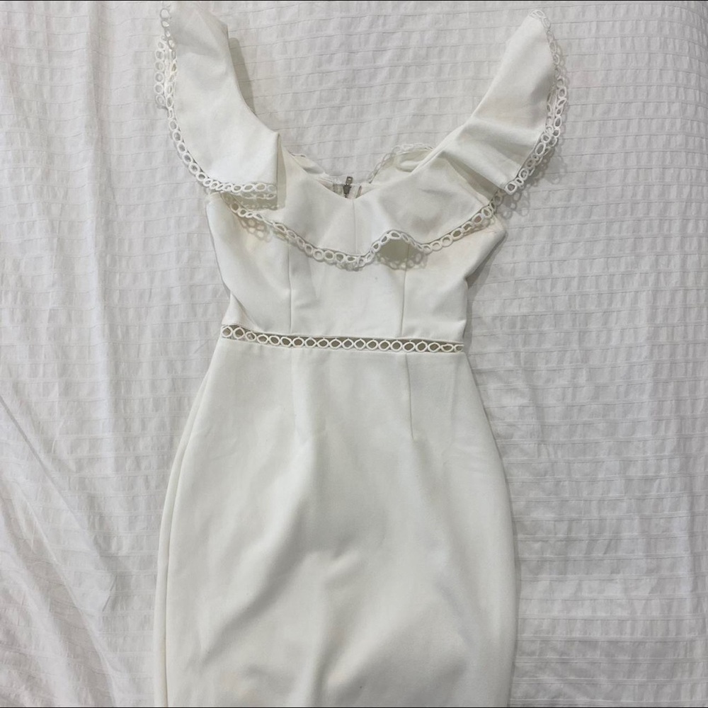 White Ruffled Sheath Dress with Flutter Sleeves
